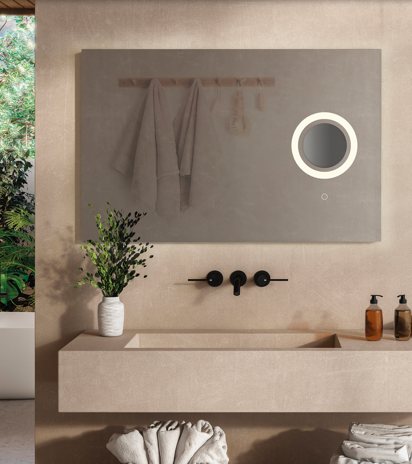 Miroir Olter avec éclairage LED et loupe grossissante x5 intégrée, design élégant et raffiné, offrant une lumière chaude et précise idéale pour la salle de bains.