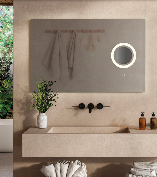 Miroir Olter avec éclairage LED et loupe grossissante x5 intégrée, design élégant et raffiné, offrant une lumière chaude et précise idéale pour la salle de bains.