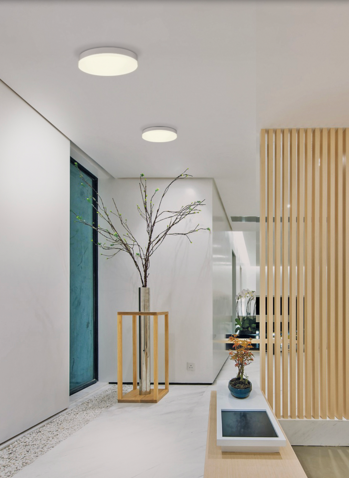 Plafonnier LED au design épuré et adaptable. Lumière à intensité et teinte réglables pour créer l’ambiance idéale à tout moment. Parfait pour toutes les pièces, y compris les zones humides, il offre un éclairage homogène, apaisant et durable.