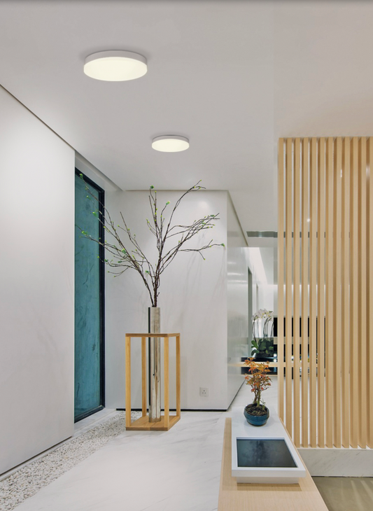 Plafonnier LED au design épuré et adaptable. Lumière à intensité et teinte réglables pour créer l’ambiance idéale à tout moment. Parfait pour toutes les pièces, y compris les zones humides, il offre un éclairage homogène, apaisant et durable.