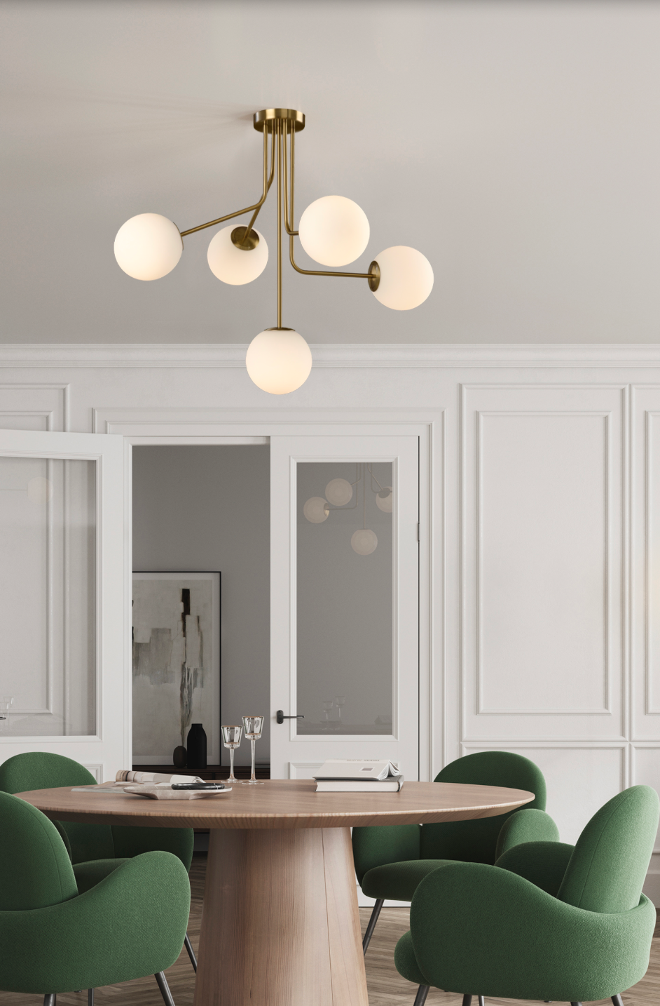 Plafonnier Parma à cinq points lumineux, design moderne avec abat-jour sphériques, offrant un éclairage chaleureux et élégant pour salons et salles à manger.