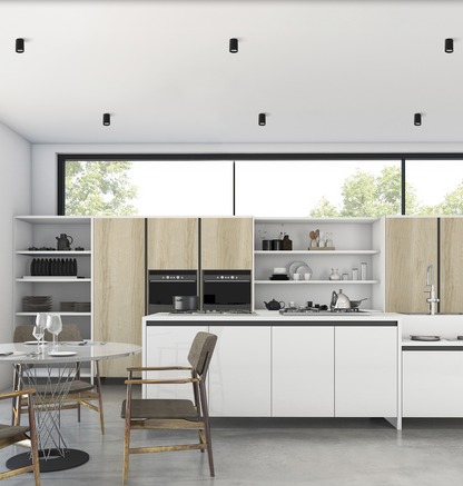 Plafonnier Zoom en aluminium, design cylindrique noir ou blanc, offrant un éclairage LED ciblé et ajustable idéal pour salons et salles à manger modernes.