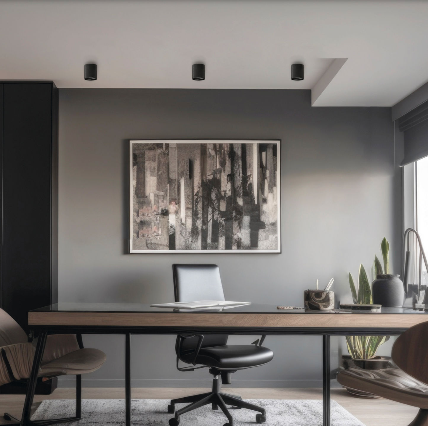 Plafonnier design avec détails dorés, diffusant une lumière douce et harmonieuse idéale pour salons ou bureaux, alliant élégance, modernité et fonctionnalité.