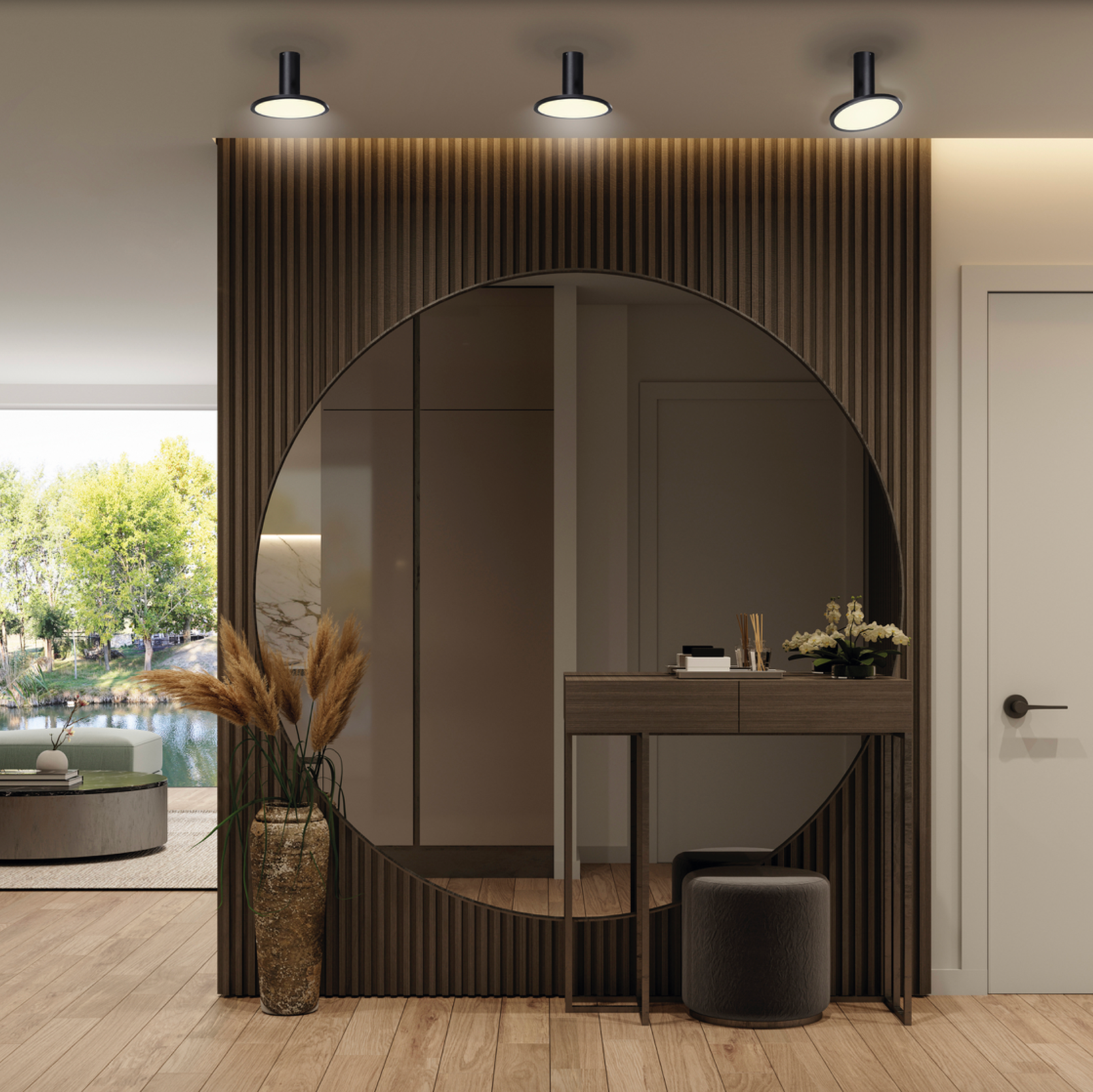 Plafonnier design orientable, au style graphique et raffiné, offrant une lumière modulable et chaleureuse idéale pour sublimer les intérieurs modernes.