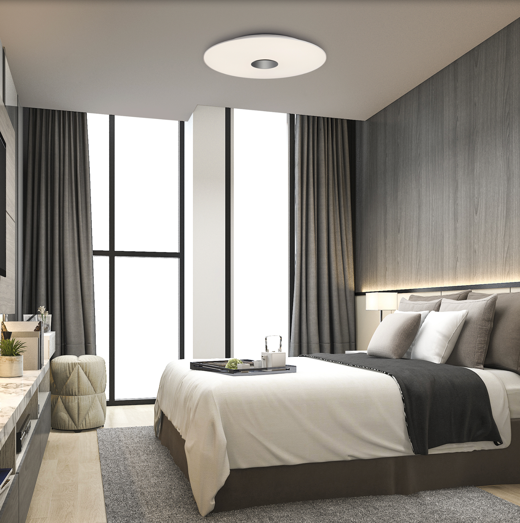 Plafonnier en verre opale au design épuré. Diffuse une lumière douce et homogène pour un confort visuel optimal. Idéal pour toutes les pièces, il crée une ambiance équilibrée et chaleureuse, alliant sobriété et élégance naturelle.