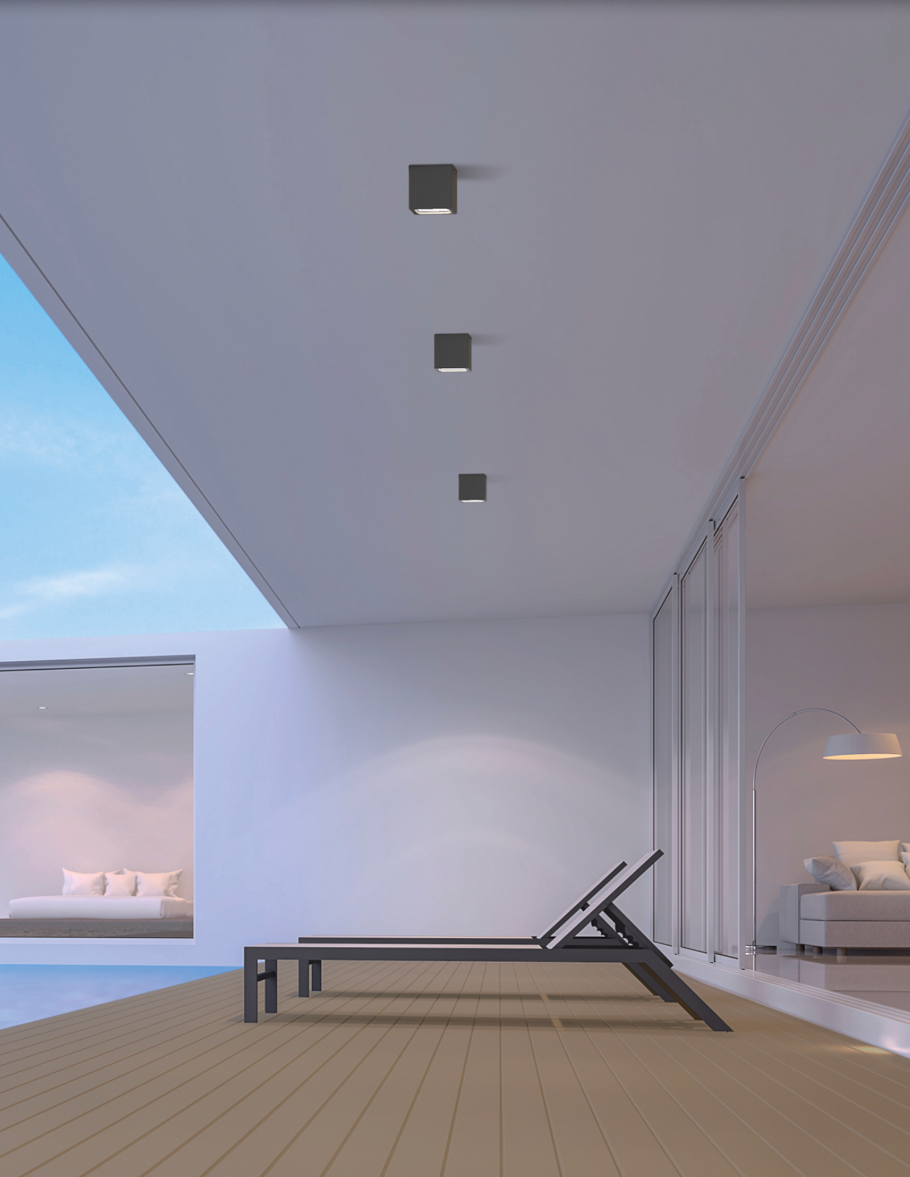 Plafonnier extérieur Hamal au design architectural, diffusant une lumière chaude et directionnelle idéale pour éclairer terrasses, porches et entrées avec élégance.