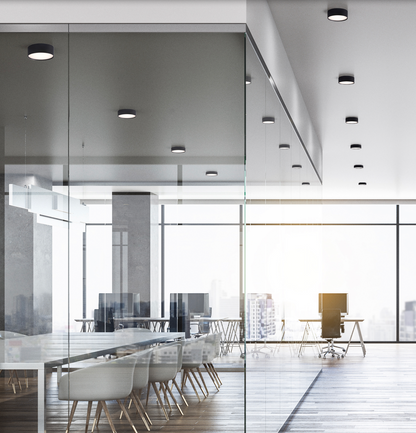 Plafonnier rond LED au design épuré, disponible en noir ou blanc, offrant un éclairage doux et harmonieux idéal pour les salons ou bureaux modernes.