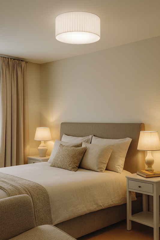 Plafonnier rond en tissu plissé blanc diffusant une lumière douce et homogène dans une chambre élégante. Design sobre et raffiné, idéal pour un intérieur moderne et apaisant.