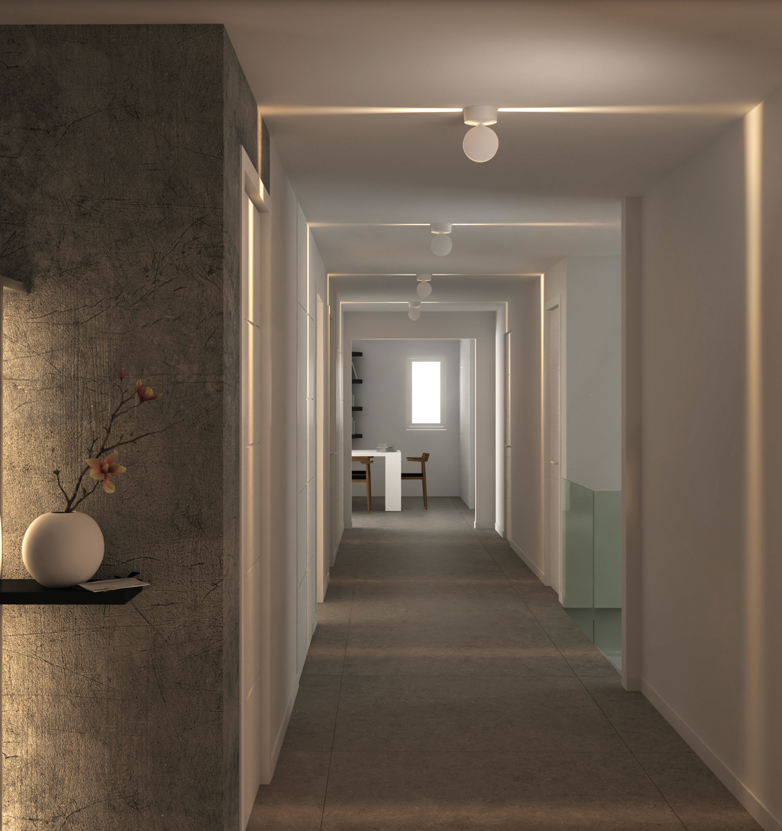 Spot encastré blanc en aluminium au design épuré, diffusant une lumière douce et homogène idéale pour les couloirs et intérieurs modernes.