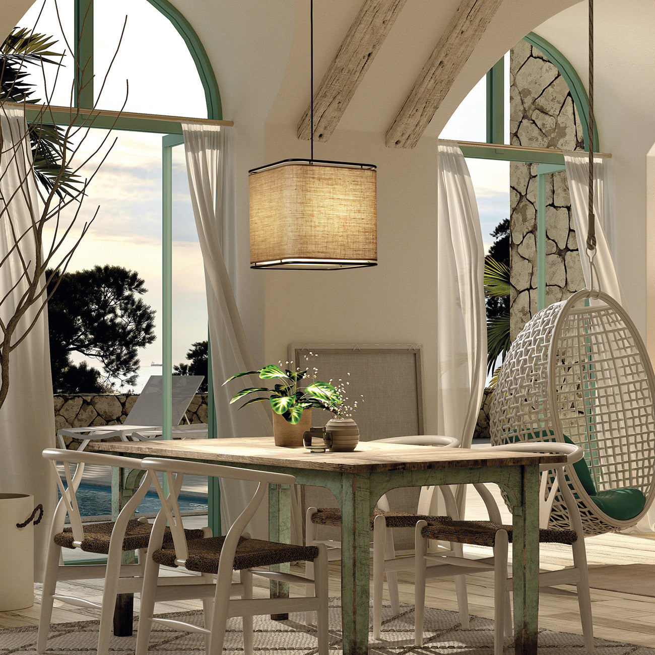 Suspension Akiro Exo Lighting design japonais par Nacho Timón – luminaire décoratif en acier et parchemin synthétique style Shoji diffusant une lumière douce et chaleureuse pour salon, salle à manger ou hôtel