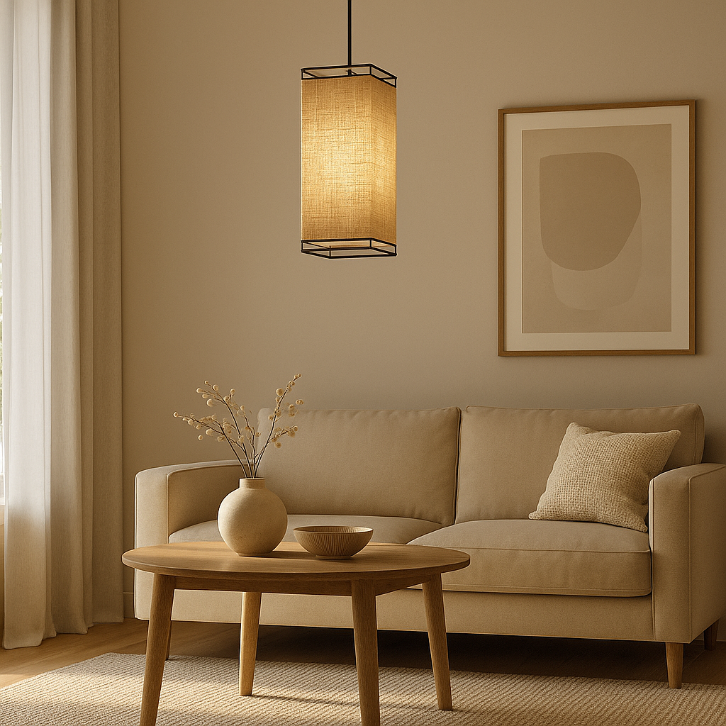 Suspension Akiro Exo Lighting en lin brun et acier – luminaire design japonais par Nacho Timón, inspiré du style Shoji, diffusant une lumière douce pour salon ou chambre.