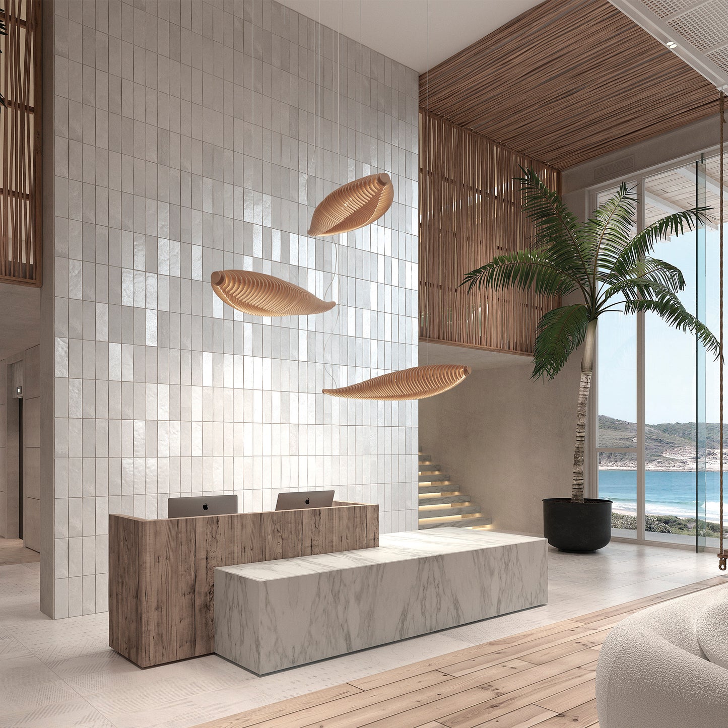 Suspension LED design Fish Exo Lighting – luminaire sculptural en aluminium blanc, noir ou bois avec lumière douce et naturelle, idéale pour hôtels et intérieurs contemporains.