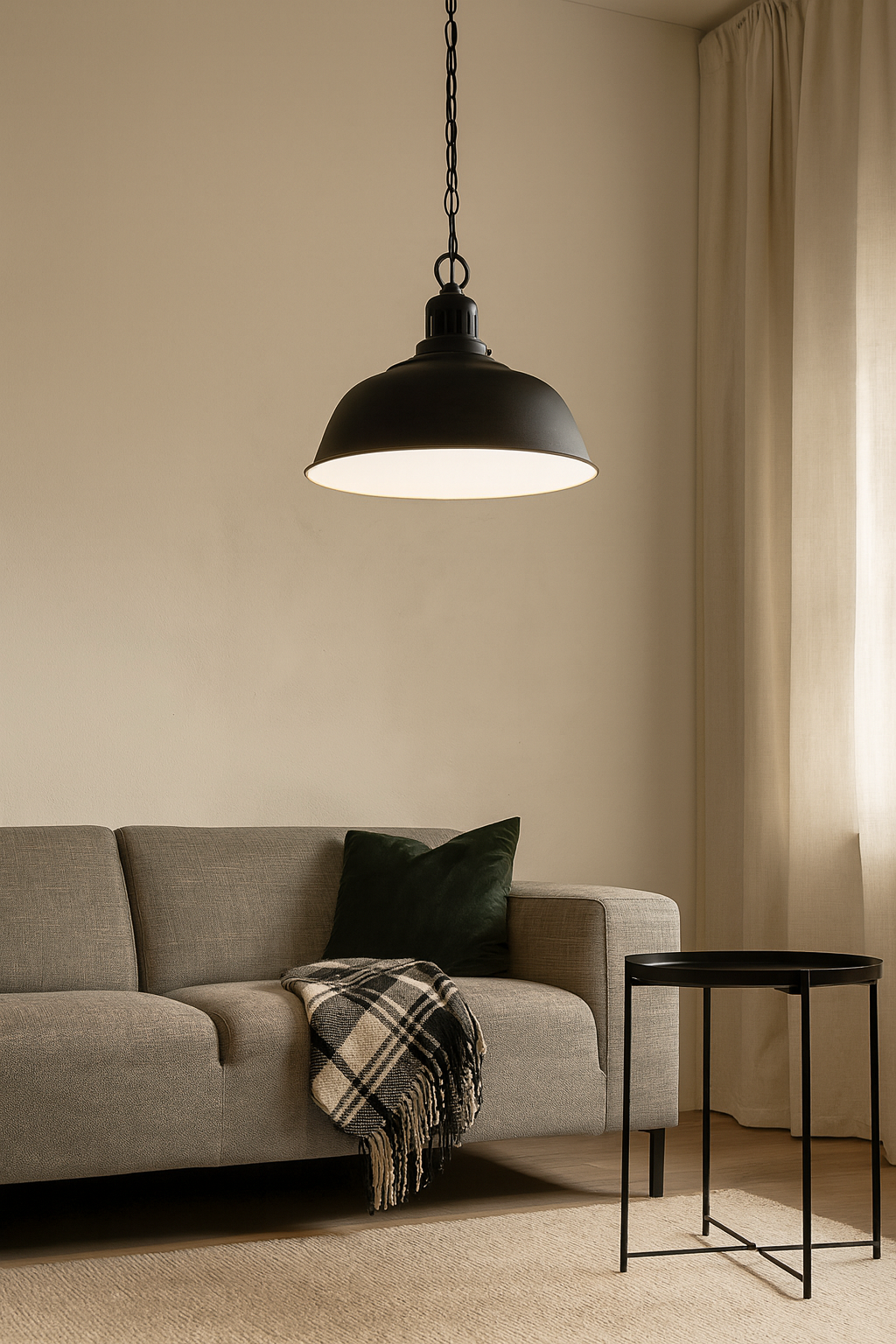 Suspension Vintage noire au design industriel, mise en valeur dans un salon contemporain, avec abat-jour en métal et chaîne décorative.