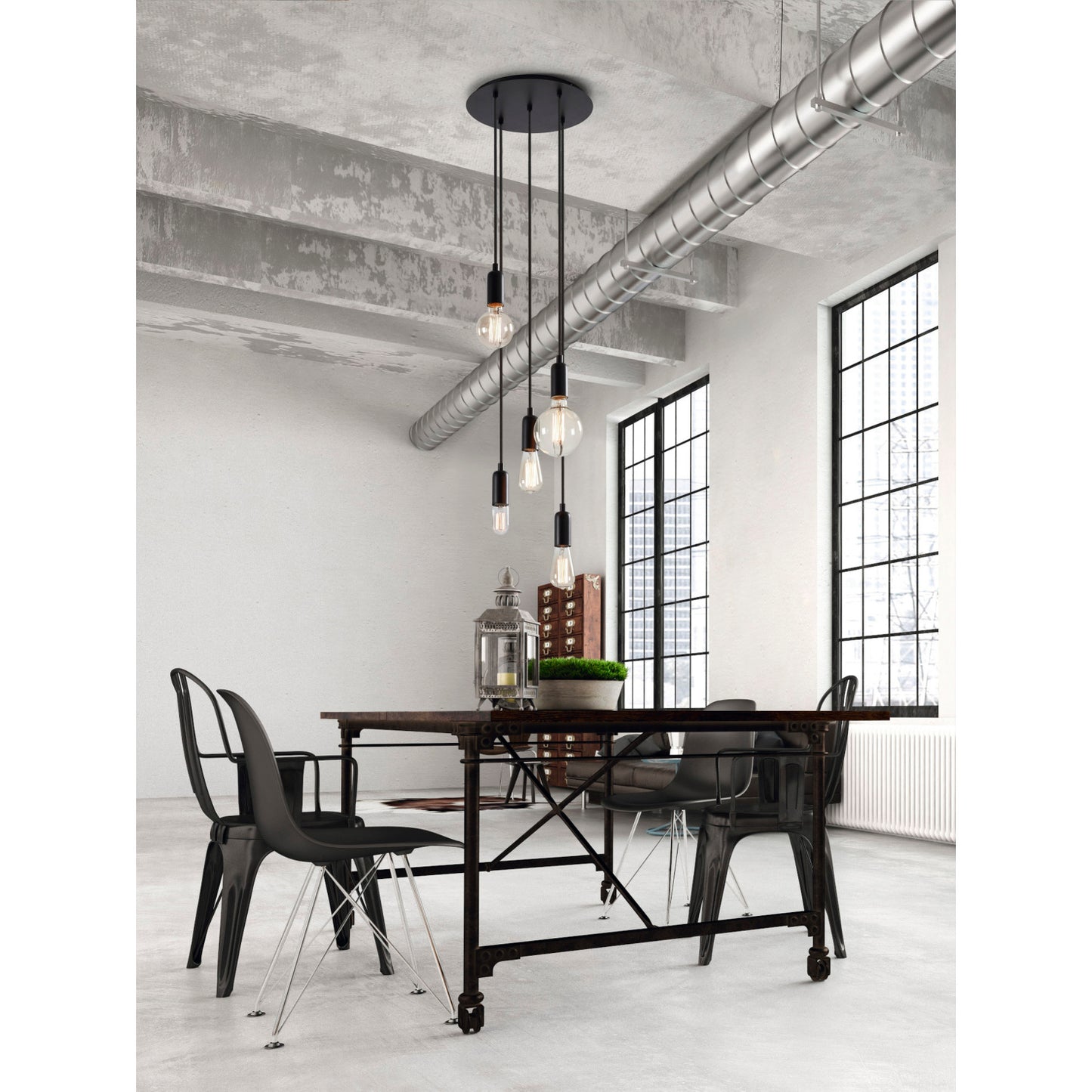 Suspension blanche à cinq ampoules apparentes, au design minimaliste et contemporain, idéale pour illuminer un grand salon, une salle à manger ou une chambre moderne.