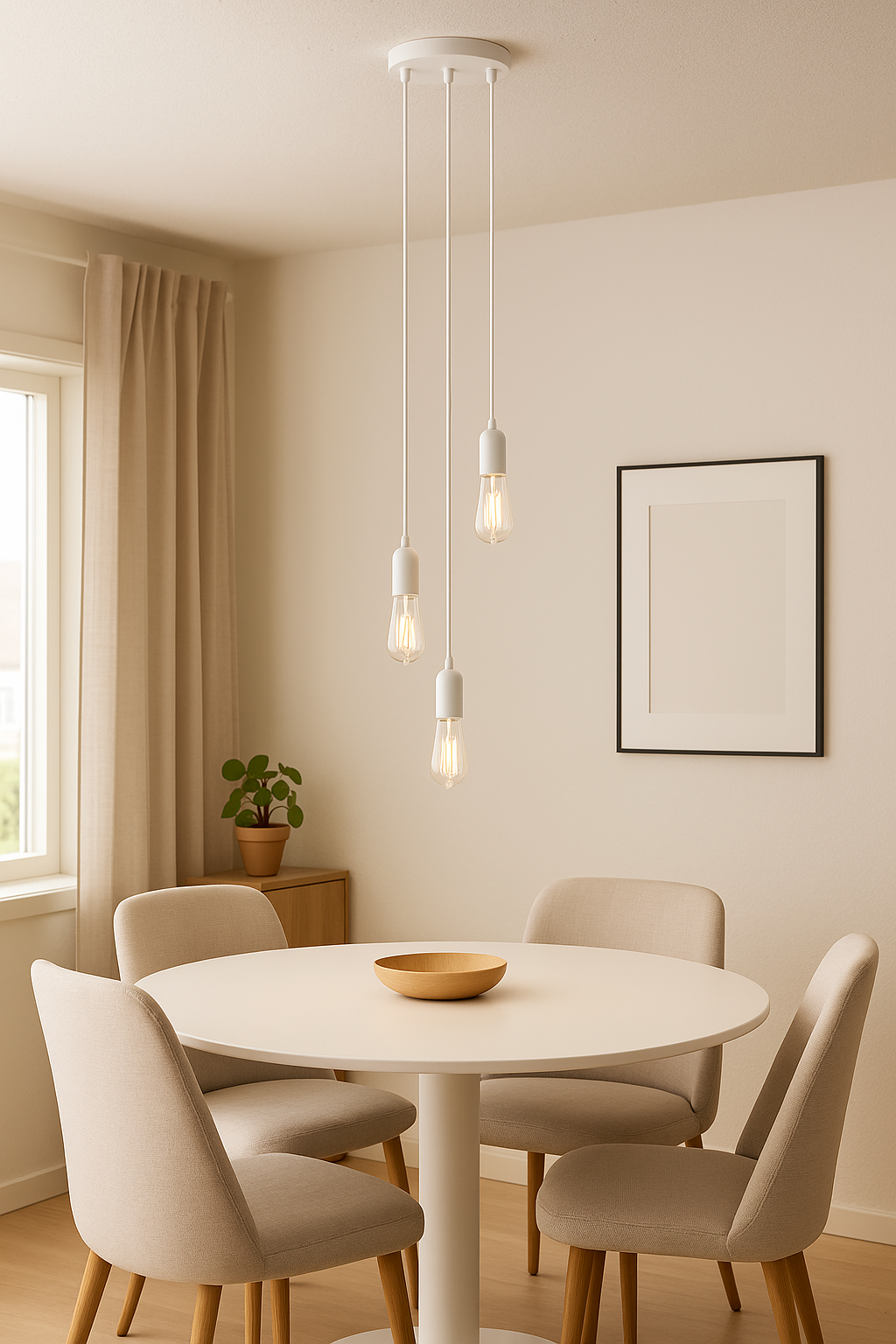 Suspension blanche à trois ampoules apparentes au design minimaliste, idéale pour salon, chambre ou salle à manger, apportant luminosité et modernité à votre intérieur.