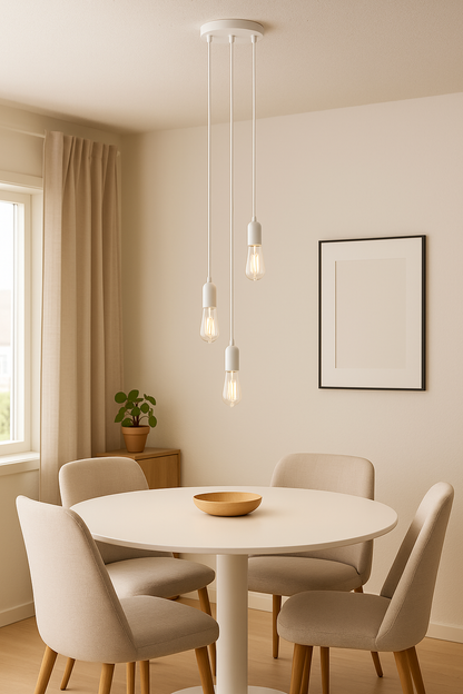 Suspension blanche à trois ampoules apparentes au design minimaliste, idéale pour salon, chambre ou salle à manger, apportant luminosité et modernité à votre intérieur.