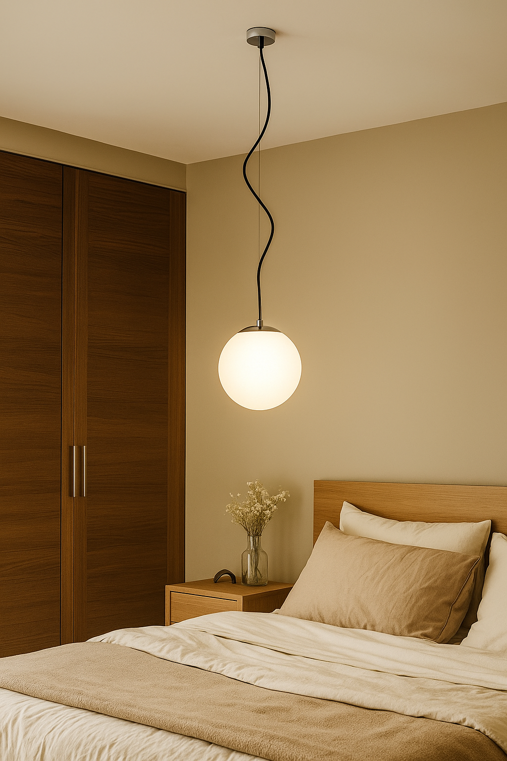 Suspension boule en verre opalin avec finition chromée – luminaire design moderne diffusant une lumière douce et homogène pour chambre, salon ou salle à manger.