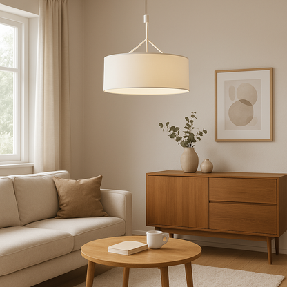 Suspension design cylindrique blanche – luminaire moderne à abat-jour rond pour salon ou salle à manger, offrant un éclairage doux et homogène.