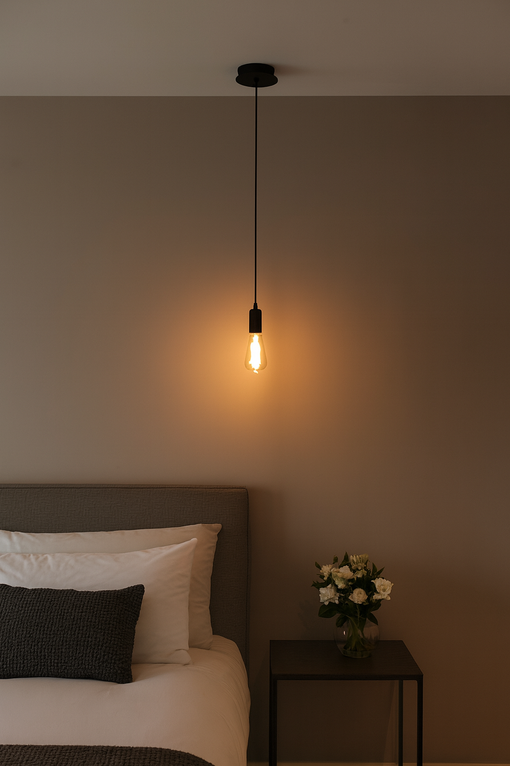 Suspension noire avec douille apparente et ampoule filament, au design minimaliste et industriel, idéale pour salon, chambre ou salle à manger.