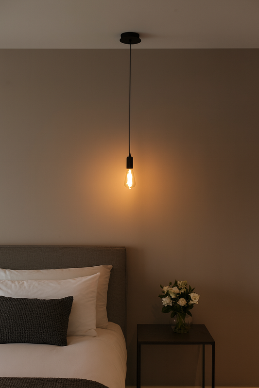Suspension noire avec douille apparente et ampoule filament, au design minimaliste et industriel, idéale pour salon, chambre ou salle à manger.
