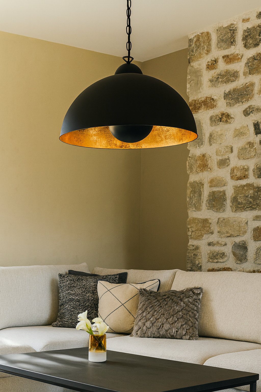 Suspension Tanna noire avec intérieur doré, installée dans un salon moderne, au design industriel et chaleureux.