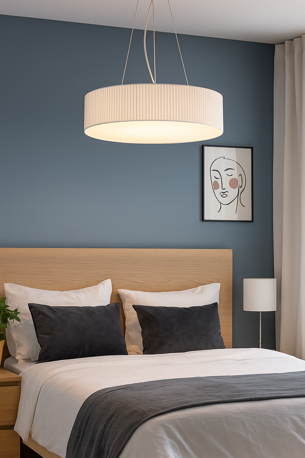 Suspension plissée blanche VORADA éclairant un salon moderne aux tons naturels, diffusant une lumière douce et homogène pour une atmosphère élégante et apaisante.