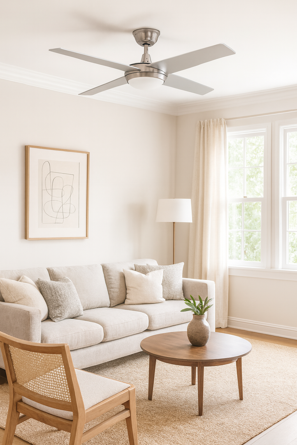 Ventilateur de plafond Marinada au design contemporain, apportant une ambiance douce et moderne dans un intérieur élégant grâce à sa lumière apaisante et ses finitions haut de gamme.
