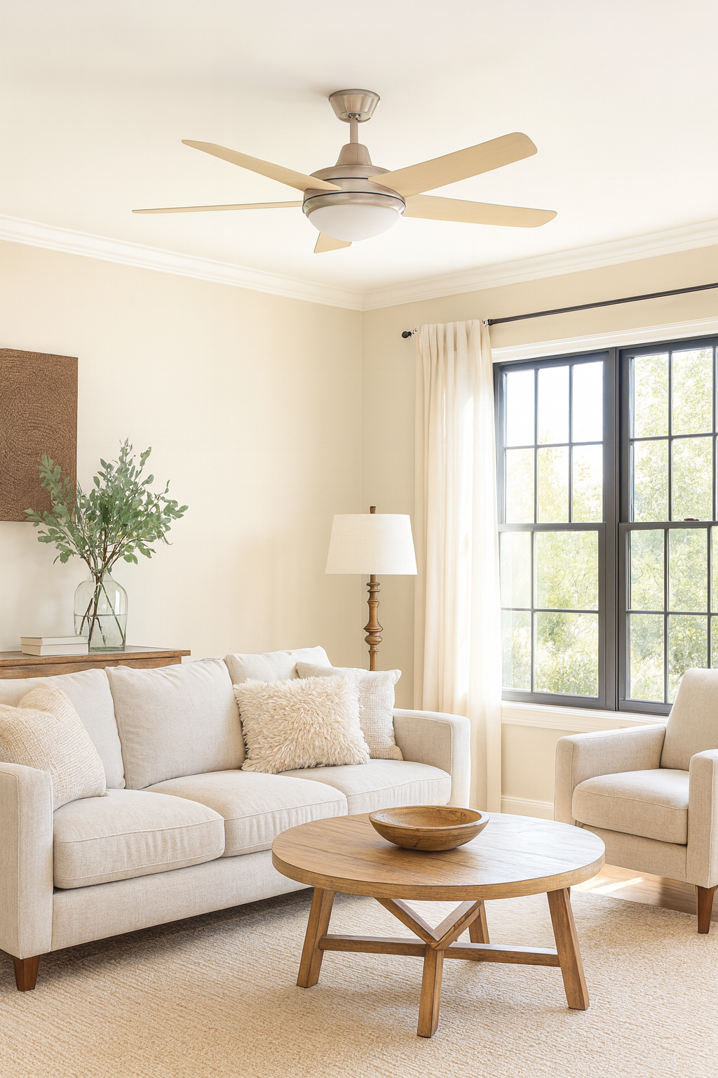 Ventilateur de plafond VENTO au design naturel et contemporain, avec pales en bois et lumière douce, idéal pour sublimer un intérieur moderne et chaleureux.