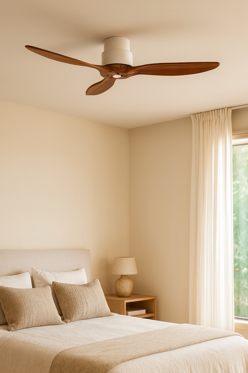 Ventilateur de plafond en bois MISTRAL au design naturel et moderne, installé dans une chambre chaleureuse avec mobilier assorti, créant une ambiance douce et élégante.